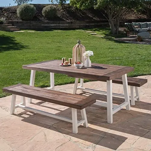 Cassie Outdoor Modern Industrial 3 Piece Acacia Wood Picnic Dining Set with Benches, Sandblasted Dark Brown and White Rustic Metal