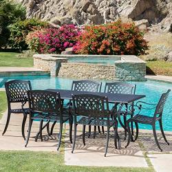 Christopher Knight Home Cayman Outdoor 6-Seater Cast Aluminum Dining Set, 7-Pcs Set, Black Sand