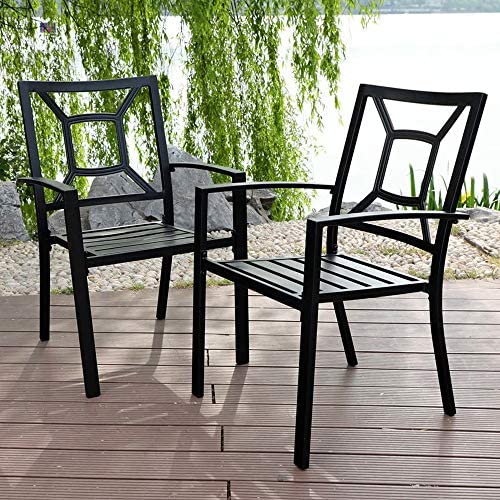PHI VILLA Patio Dining Chair Metal Arm Chairs for Indoor ＆ Outdoor, 2 Pack - Black