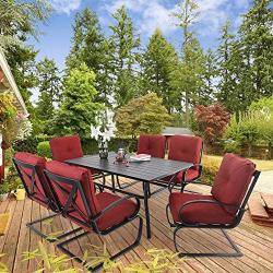 PHI VILLA 7 Piece Patio Dining Set with 60''x38'' Rectangular Large Metal Dining Table and 6 Pcs Outdoor C-Spring Motion Dining Chairs, Padded with Red Cushion for Patio Backyard