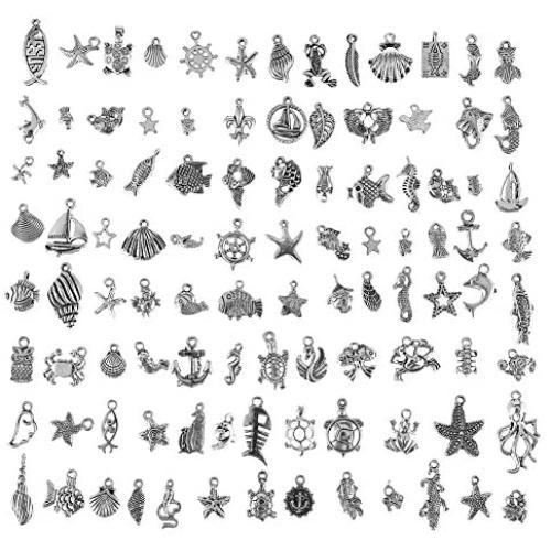 CCINEE Wholesale 100 Pieces Assorted Antique Charms Ocean Themed Sliver Pendants for Jewelry Making and Craft Making