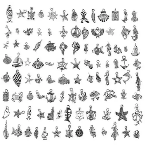 CCINEE Wholesale 100 Pieces Assorted Antique Charms Ocean Themed Sliver Pendants for Jewelry Making and Craft Making