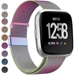 MEFEO Compatible with Fitbit Versa Bands, Stainless Steel Metal Band Mesh Bracelet with Strong Magnet Lock Wristbands Replacement for Fitbit Versa/Versa 2/Versa Lite/SE (Colorful, Small)