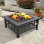 FCH 32'' Metal Fire Pit Outdoor Backyard Patio Garden Square Stove Brazier with Charcoal Rack, Poker & Mesh Cover 32'' L x 32'' W x 17'' H