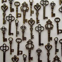 Salome Idea Skeleton Key Charm Set in Antique Bronze (48 Charms) 6 Different Styles - Vintage Style Key Charms (Bronze Color)