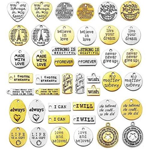 44pcs Mix Inspiration Words Charms Craft Supplies Beads Charms Pendants for Jewelry Making Crafting Findings Accessory for DIY Necklace Bracelet (M521)