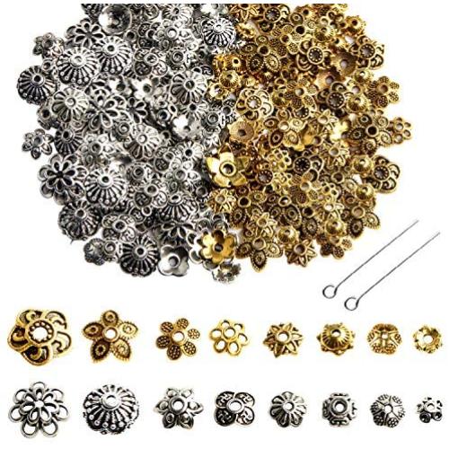 FEBSNOW About 160Pcs Spacer Beads Caps, Bali Style Mixed Tibetan Silver and Antique Gold Flower Bead Caps for Bracelet Necklace Earrings Jewelry Making Supplies