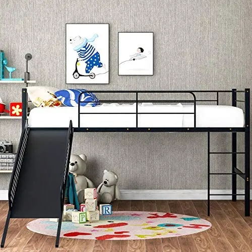 Twin Loft Beds for Kids, Metal Loft Bed with Slide, No Box Spring Required, Black Twin Loft Beds for Kids, Metal Loft Bed with Slide, No Box Spring Required, Black