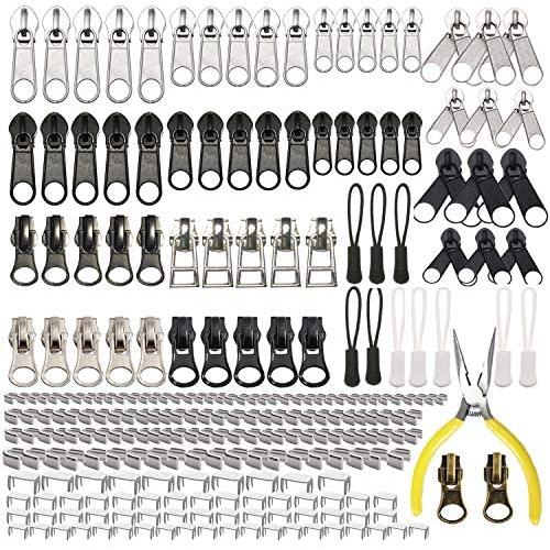 Zipper Repair Kit 255 Pcs Zipper Replacement Rescue Kit with Zipper Install Pliers Tool and Zipper Extension Pulls for Clothing Jackets Purses Luggage Backpacks Tents Sleeping Bag