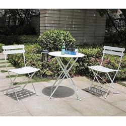 OC Orange-Casual 3-Piece Outdoor Furniture Set, Premium Steel Patio Stripe Small Bistro Set, Folding Dining Table and Chairs for Porch Balcony, White