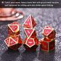 Bememo Polyhedral Metal Dices Set Zinc Alloy with Enamel Solid Metal for DND Game, Tabletop RPG, Dungeons and Dragons, Math Teaching, 7 Pieces Dice Set with Black Velvet Bag (Golden Red)