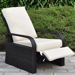 Brown Outdoor Wicker Recliner, Aluminum Frame Adjustable Woven Lounge Chair with Thicken Cushions