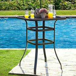 LOKATSE HOME Outdoor Bistro Bar Height Table Metal Frame Square Tempered Furniture Glass Top All Weather for Patio