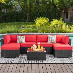 Walsunny 7pcs Patio Outdoor Furniture Sets,Low Back All-Weather Rattan Sectional Sofa with Tea Table&Washable Couch Cushions&Ottoman (Black Rattan)(Red)