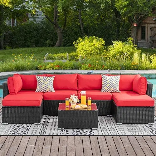 Walsunny 7pcs Patio Outdoor Furniture Sets,Low Back All-Weather Rattan Sectional Sofa with Tea Table&Washable Couch Cushions&Ottoman (Black Rattan)(Red) Walsunny 7pcs Patio Outdoor Furniture Sets,Low Back All-Weather Rattan Sectional Sofa with Tea Table&Washable Couch Cushions&Ottoman (Black Rattan)(Red)