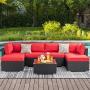 Walsunny 7pcs Patio Outdoor Furniture Sets,Low Back All-Weather Rattan Sectional Sofa with Tea Table&Washable Couch Cushions&Ottoman (Black Rattan)(Red)