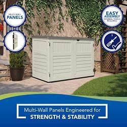 Suncast 5 x 3 Horizontal Stow-Away Storage Shed - Natural Wood-like Outdoor Storage for Trash Cans and Yard Tools - All-Weather Resin, Hinged Lid, Reinforced Floor - Vanilla and Stoney