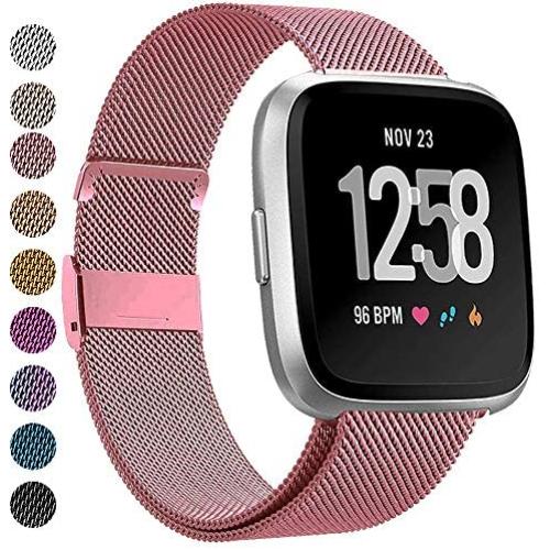 MEFEO Compatible with Fitbit Versa Bands, Stainless Steel Metal Band Mesh Bracelet with Strong Magnet Lock Wristbands Replacement for Fitbit Versa/Versa 2/Versa Lite/SE (Rose Gold, Large)