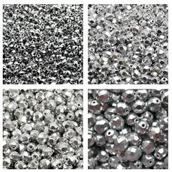 Czech Faceted Glass Beads, Fire-Polished, Round 3mm, 4mm, 6mm, 8mm. Silver Metallic. A Total of 275 Pieces. Set 1CFP 004 (3FP033 4FP033 6FP033 8FP033)