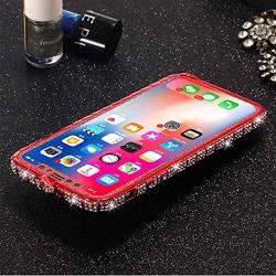 iPhone Xs Max Diamond Bumper for Women, DMaos Sparkly Rhinestone Metal Bumper with Front and Back Glitter Sticker, Luxury for iPhone 10s Max 6.5 inch - Red