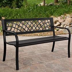 Garden Bench Yard Outdoor Patio with Armrests Sturdy Steel Frame Furniture Metal Bench Porch Work Easy Assembly,Black