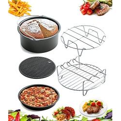 AIQI 5 Piece Air Fryer Accessories, Including Cake Barrel, Pizza Pan, Metal Holder, Skewer Rack and Silicone Mat for Gowise Phillips and Cozyna and More, Fit All 3.7QT - 5.3QT - 5.8QT