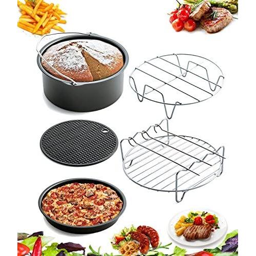 AIQI 5 Piece Air Fryer Accessories, Including Cake Barrel, Pizza Pan, Metal Holder, Skewer Rack and Silicone Mat for Gowise Phillips and Cozyna and More, Fit All 3.7QT - 5.3QT - 5.8QT