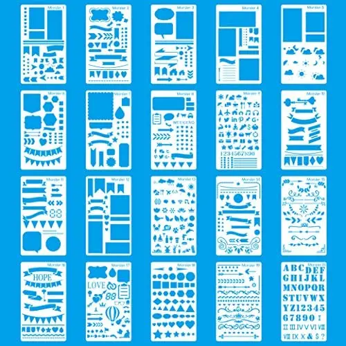 MORSLER Journal Stencil Plastic Planner Stencils for Journal/Notebook/Diary/Scrapbook DIY Drawing Template, 20 Piece