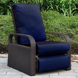 Outdoor Recliner Outdoor Wicker Recliner Chair with 5.12 Thickness Cushions, Automatic Adjustable Rattan Patio Chaise Lounge Chairs, Aluminum Frame, UV Resistant and Rustless (Brown + Navy Blue)