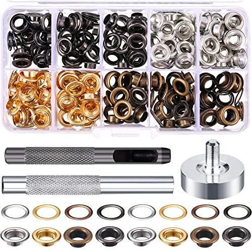 Grommet Kit 200 Sets Grommets Eyelets with 3 Pieces Install Tool Kit, 4 Colors (1/4 Inch Inside Diameter)