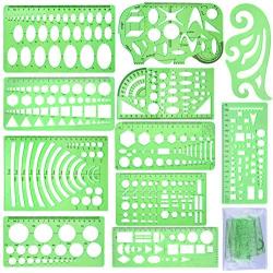 SIQUK 11 Pieces Geometric Drawings Templates Plastic Clear Green Plastic Rulers with 1 Pack Poly Zipper Envelopes for Studying, Designing and Building