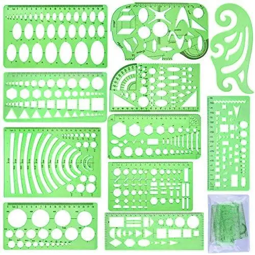 SIQUK 11 Pieces Geometric Drawings Templates Plastic Clear Green Plastic Rulers with 1 Pack Poly Zipper Envelopes for Studying, Designing and Building