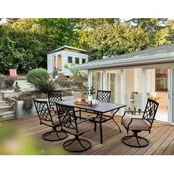 MFSTUDIO 7-Piece Metal Outdoor Patio Dining Bistro Set with 6 Swivel Armrest Chairs and Steel Frame Slat Larger Rectangular Table with 1.57“ Umbrella Hole,1 Table and 6 Backyard Garden Swivel Chairs