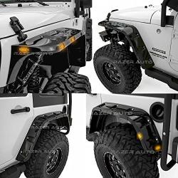 Razer Auto Rock Crawler Stubby Gloss Black Painted Pocket Style+Rivet Front+Rear 4pcs Fender Flares w/ 10x LED Light Side Maker (Black) for 07-17 Jeep Wrangler JK