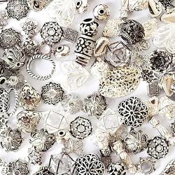 100 Piece Unique Metal Beads, Silver Color Assortment