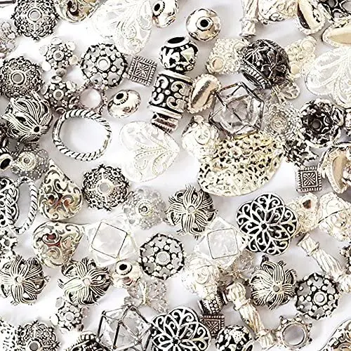 100 Piece Unique Metal Beads, Silver Color Assortment 100 Piece Unique Metal Beads, Silver Color Assortment