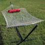 Sunnydaze Cotton Rope Freestanding Hammock with 12 Foot Portable Steel Stand and Spreader Bar, Pad and Pillow Included, Modern Lines
