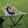 Sunnydaze Cotton Rope Freestanding Hammock with 12 Foot Portable Steel Stand and Spreader Bar, Pad and Pillow Included, Modern Lines