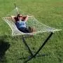 Sunnydaze Cotton Rope Freestanding Hammock with 12 Foot Portable Steel Stand and Spreader Bar, Pad and Pillow Included, Modern Lines
