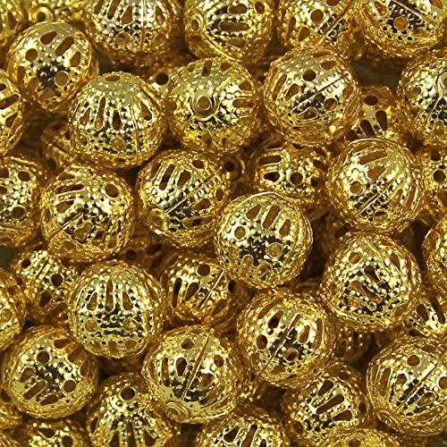AMZ Beads - Package of 200! Gold or Silver Plated Hollow Filigree Round Ball Metal Spacer Beads for Jewelry Making DIY Craft Projects (8MM) (Gold) AMZ Beads - Package of 200! Gold or Silver Plated Hollow Filigree Round Ball Metal Spacer Beads for Jewelry Making DIY Craft Projects (8MM) (Gold)