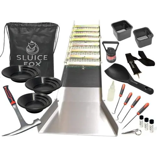Complete Gold Mining Kit; Folding 50 inch Gold Sluice Box; Gold Prospecting Equipment; Rock Pick Hammer; Gold Classifiers; Pay Dirt Scoop; Crevice Tools and More Complete Gold Mining Kit; Folding 50 inch Gold Sluice Box; Gold Prospecting Equipment; Rock Pick Hammer; Gold Classifiers; Pay Dirt Scoop; Crevice Tools and More