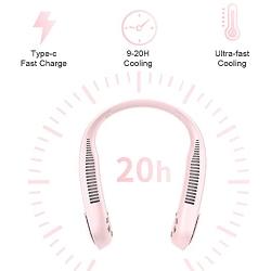 Personal Neck Fan, iHoven Portable Mini USB Bladeless Neck Fan, 20Hrs Play 9000mah Rechargeable Handfree Neckband Hanging Fans, No Curly Hair Wearable Necklace for Camping Hiking Outdoor Travel (Pink)