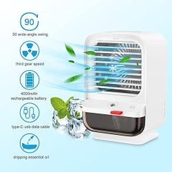 Sholov Portable Air Conditioner Fan Mini Personal Evaporative Air Cooler 90 Shaking Head with Battery with 3 Speeds & 2 Misting & LED Light for Home, Bedroom, Travel & Office, USB Charging, White