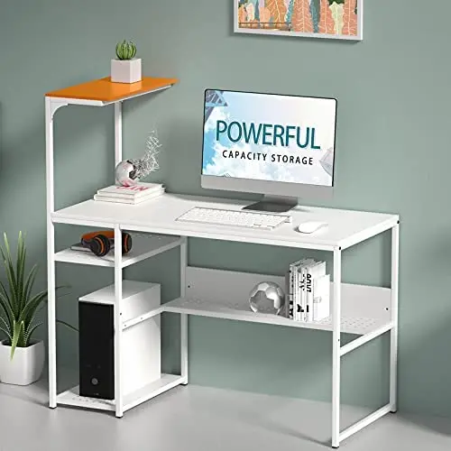 SINPAID White Computer Desk with 4-Tier Reversible Storage Shelves, 40 inch Large Home Office Laptop Study Writing Table Workstation, Modern Simple Desk with Bookshelf, Orange SINPAID White Computer Desk with 4-Tier Reversible Storage Shelves, 40 inch Large Home Office Laptop Study Writing Table Workstation, Modern Simple Desk with Bookshelf, Orange