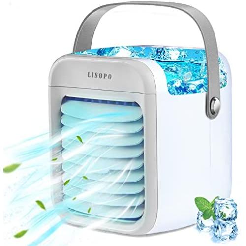Portable Air Conditioner | LISOPO Rechargeable Evaporative Air Cooler with Air Humidifier & Filtration Function & 7 Color Night Light | Personal Mini Air Conditioner Desk Fan for Bedroom Office Home