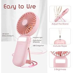 Mini Fan Handheld with LED Lights Adjustable, Portable Fan Rechargeable Quiet 3 Speed Mirror Fan, Small USB Hand Fan, Gift for Women Travel Outdoor Indoor Table Fan - Pink