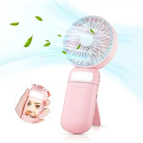 Mini Fan Handheld with LED Lights Adjustable, Portable Fan Rechargeable Quiet 3 Speed Mirror Fan, Small USB Hand Fan, Gift for Women Travel Outdoor Indoor Table Fan - Pink