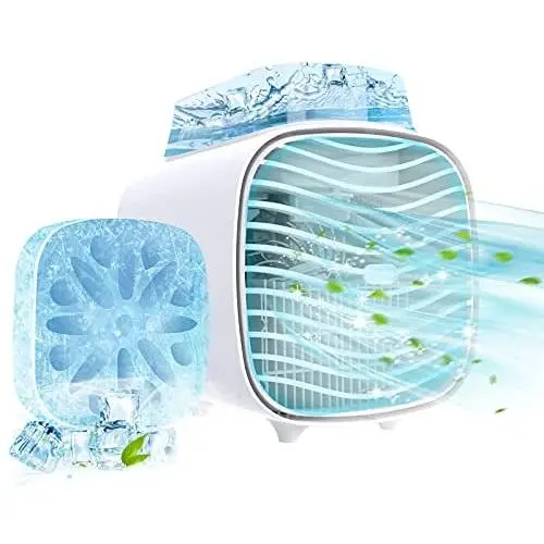 True Portable Air Conditioner Fan, Zttopo Personal Rechargeable Evaporative Air Cooler with Two Crystal Ice Box, Blue Night Light, 3 Speeds Desk Fan Mini Air Cooler for Small Room Bedroom Home Office