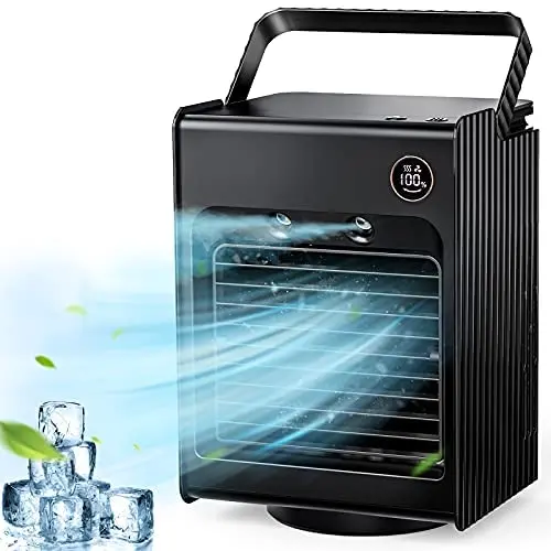 Portable Air Conditioner Fan, Personal Air Cooler Desk Fan Mini Evaporative Cooler Fan with Handle, 120°Auto Oscillation, 3 Adjustable Speeds, 4000mAh Rechargeable Battery Operated (Black) Portable Air Conditioner Fan, Personal Air Cooler Desk Fan Mini Evaporative Cooler Fan with Handle, 120°Auto Oscillation, 3 Adjustable Speeds, 4000mAh Rechargeable Battery Operated (Black)