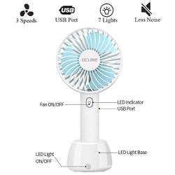 OCUBE Handheld Fan, Mini Hand Held Fan with 7 Color LED Light Base, 2000mAh Battery Operated USB Rechargeable Desk Fan, 3 Speeds Electric Portable Personal Cooling Fan for Home Office Travel (Blue)